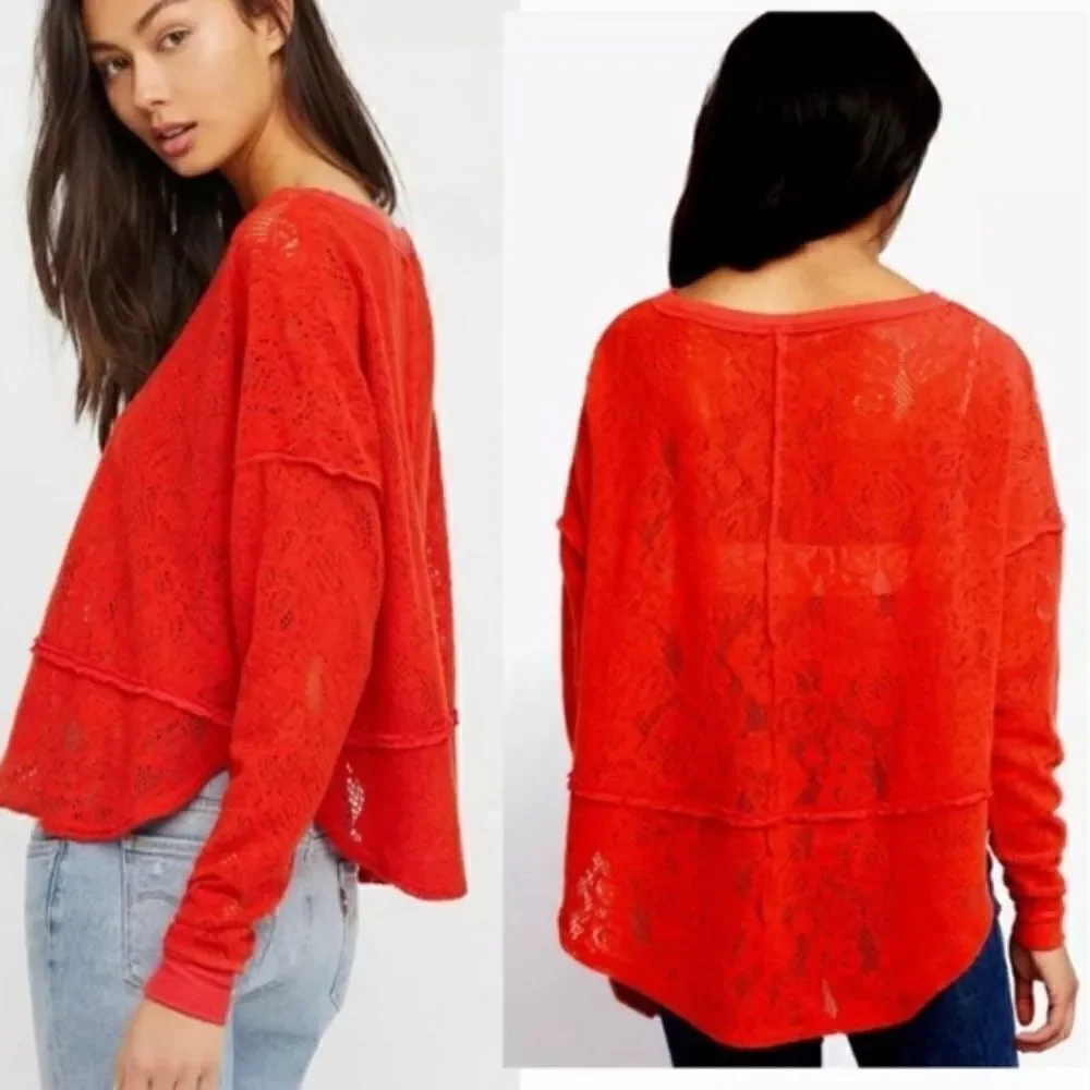 Free People Oversized Orange Long Sleeve Top Semi-Sheer Lacy Size XS Bohemian